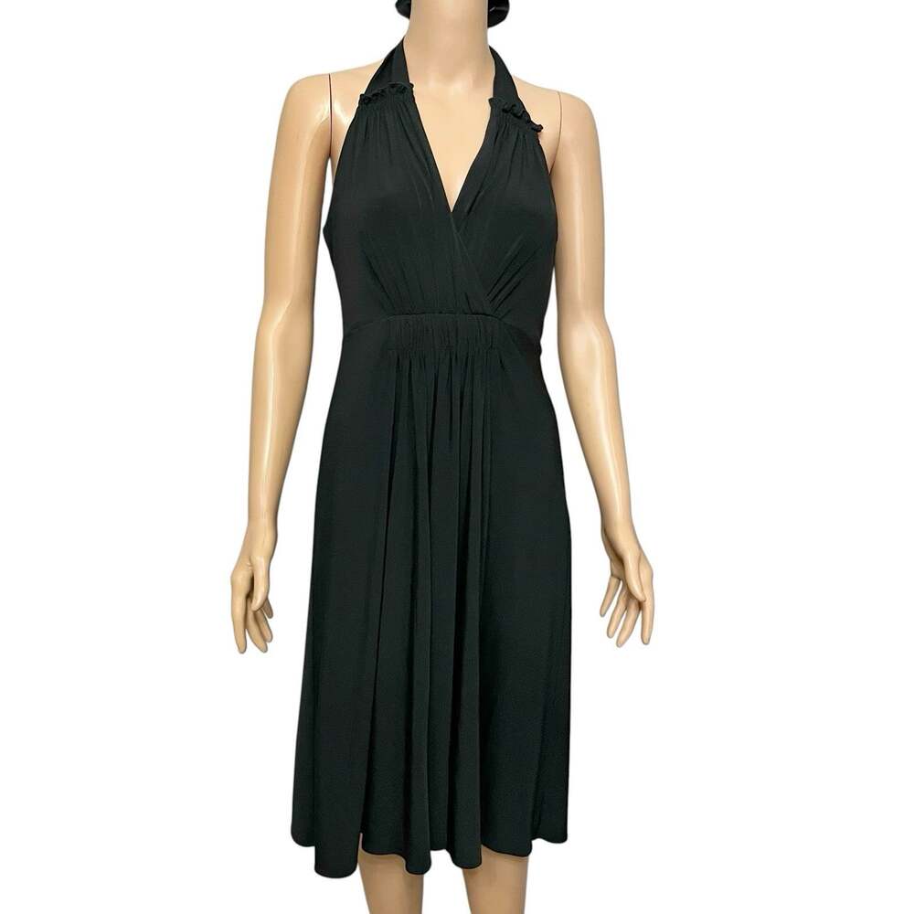 Calvin Klein Halter Party Dress 8 Black Jersey Knit A-line Pleated Ruffle Midi